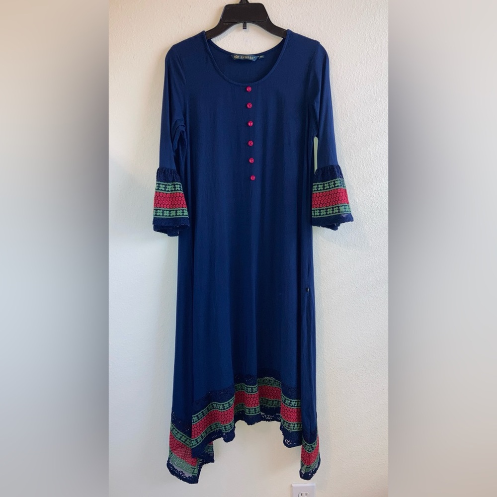 Avaasa Boho Blue Dress Size M Colorful Lace Handkerchief Hem